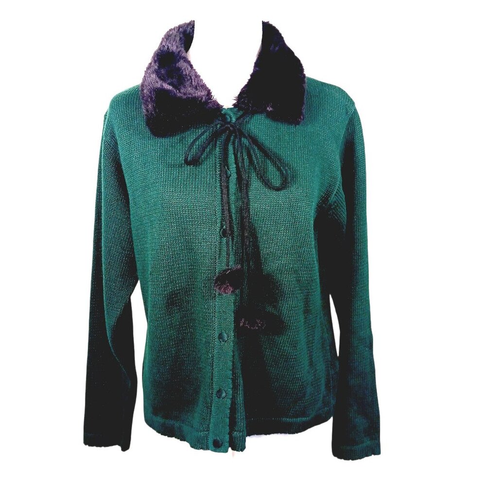 Vintage Marisa Christina Drk Green Cardigan Faux Fur Collar W Pom Christmas 2001